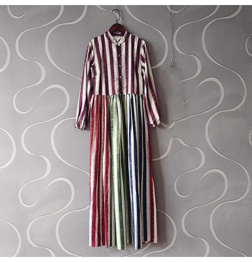 Fashionable Long 2025 Spring women's Retro Striped Print Long-sleeved Single-breasted Button-up Dress