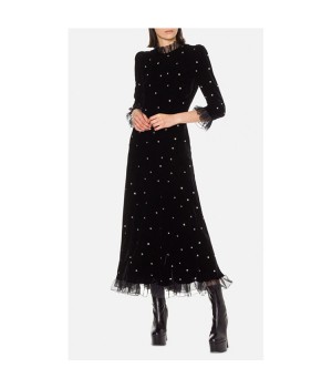 Customized High Quality Black Mid Half Sleeve Diamante Dress Lace Ruffle Velvet Women Maxi Dress