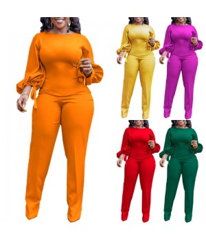 Fall women's clothing Office lady suit solid color long sleeve waist two-piece pants set