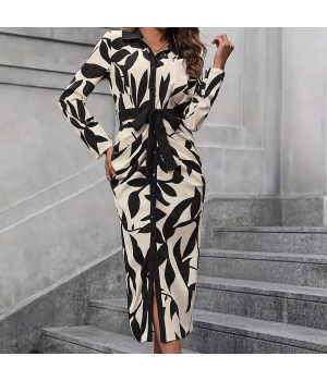 New Vacation Printed Button Up Long Sleeved Dress With Belt And Elegant women's Dresses