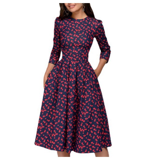 Fashion Women A-Line Dress Retro Floral Seven Quarter Sleeves Neck Empire Waistline Casual Breathable Chiffon XXL Summer Parties