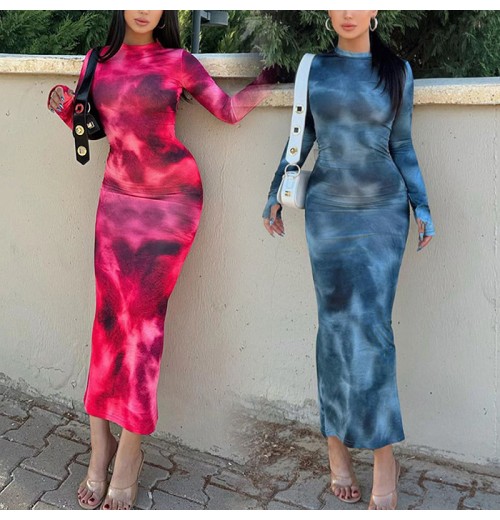 dropshipping products women's clothing ladies nightclub dresses new tie dye long sleeve slim fit babes maxi women casual dress