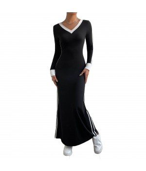 Hot Sale Custom Women's Contrast Trim V Neck Dress Fashion Slim Fit Long Sleeve Sporty Maxi Dress