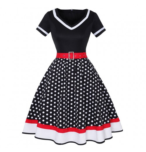 Polka Dot Print Retro Vintage Dress Rockabilly 4XL Fat Women's Clothing V-Neck Belt A-Lined Pin Up 50s Midi Dress