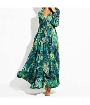 Customize Autumn Summer Womens clothing Casual Dress Lantern Sleeve Floral Printed Sexy V-neck Long Sleeve Leaf Hem Maxi Dress