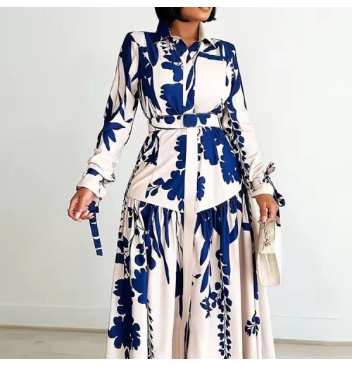 New women's clothing 2024 Light Mature Style Drape Shirt Dress With Belt Printed Shirt Dress