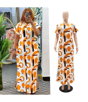 10376 New 2024 Spring Summer Boutique Clothing Women Short Sleeve Stand Neck Casual Dresses Fashion Sexy Printed Maxi Dress