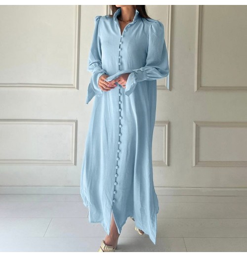 Summer Church Dresses Custom Wholesale Teens Ladies Women Maxi Cotton Slit Button Stand Collar Shirt Maxi Dress