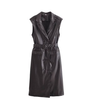 European and American women's clothing 2024 autumn and winter new street fashion sleeveless leather windbreaker dress