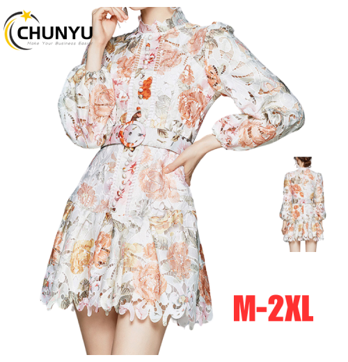 Women Clothing Fashion Spring Autumn Puff Sleeve Dress Long Sleeve Floral Dress Hollow Out Lace Ladies Dresses