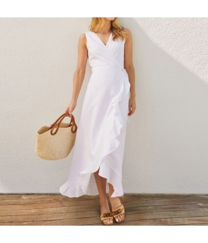 Wholesale fashion women's clothing manufacturers 100% linen white sleeveless belt with ruffled hem Women's wrap dress