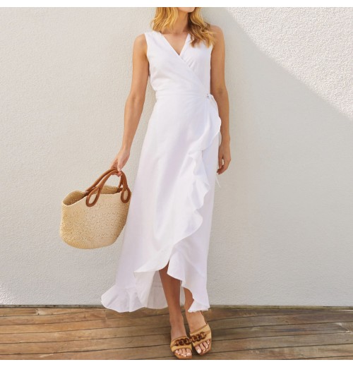 Wholesale fashion women's clothing manufacturers 100% linen white sleeveless belt with ruffled hem Women's wrap dress