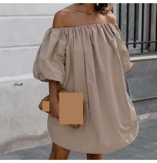 Enyami Autumn Fashion French Chic Elegant Sexy Cotton Blend Strapless Puff Sleeve Women Casual Loose Ladies Mini Dresses