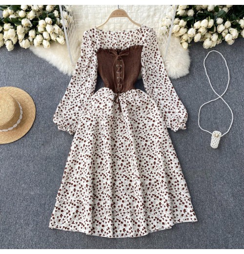 Sweet Design High Waist Long-Sleeved Dress Women'S Autumn Floral Long Dress With Contrasting Colors