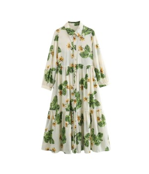 PB&ZA Women 2024 Summer New Fashion Flower Printing Dress Vintage Long Sleeve Female Dresses Vestidos Mujer