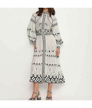 Women Vintage Patchwork Print Dress Lady Fashion Stand Collar Long Sleeve High Waist Midi Dresses Female Elegant Party Vestidos