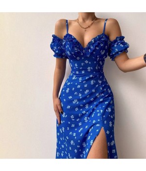 Summer 2023 women S clothing Floral Halter Elegant Short Sleeve V-neck Backless Open Breast Sexy Slit Dresses