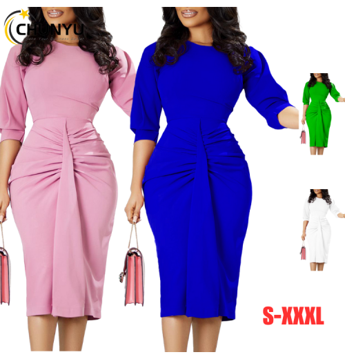 Women's Fashion Slim Casual Crew Neck Long Sleeve Work Office Business Bodycon Ruched Pencil Package Hip Midi Dress