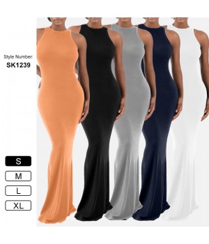 SK1239 Women Sexy Sleeveless Dress Thread Round Neck High Elastic Breathable Workout Long Dress