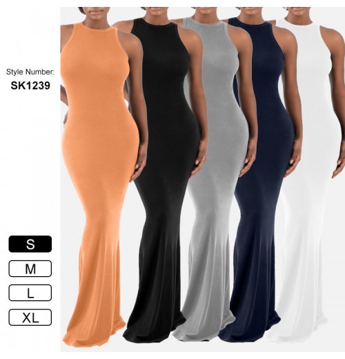 SK1239 Women Sexy Sleeveless Dress Thread Round Neck High Elastic Breathable Workout Long Dress