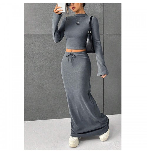 F230699 Custom Women Fall Winter Fashion Clothes Two Piece O-neck Sexy Long-sleeved Crop Top Shirt And Long Maxi Skirt Dress Set