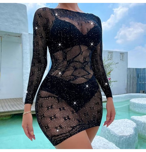 New Transparent Dress Nylon Black Jacquard Long sleeve Fishnet Lingerie Hollow Out Rhinestone Stocking Women's Clothing Sexy