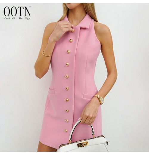 OOTN Women's Pink Elegant Dresses Lapel Single Breasted Slim Sleeveless Dresses Office Lady Summer Waist Dresses