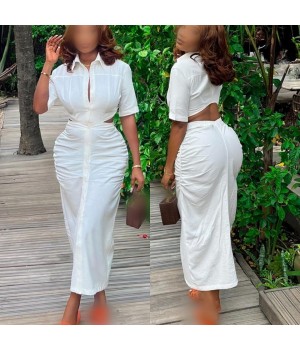 HK7582 Wholesale Good Quality Summer Clothing Boutique Long Dress Solid Color Backless Hollow Out Short Sleeve Causal Dress