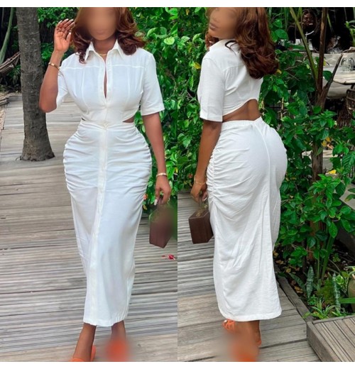 HK7582 Wholesale Good Quality Summer Clothing Boutique Long Dress Solid Color Backless Hollow Out Short Sleeve Causal Dress