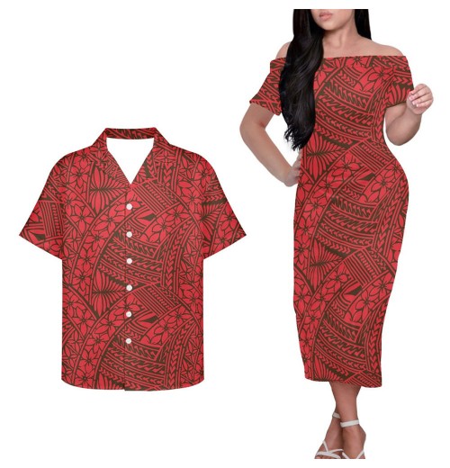 Off Shoulder Women Red Dress Men Aloha Shirts Custom Couple Sets Polynesian Tribal Samoa Print Couple Matching Outfit Clothes