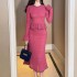 ZYHT 91365 Autumn Clothing Bodycon Formal Lace Ruffle Sleeve Hot Pink Long Dress Winter Clothes Women