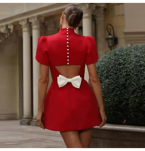 Designer Fashion Mini Dress Women Stand Collar Short Sleeve Red Black Bow Back Hollow Out Slim Casual Sexy Party