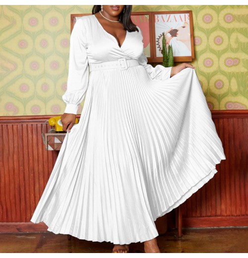 Plus Size Women's Clothing 2024 New V-neck Fashion Temperament Pure Color Pleated Dress Dress