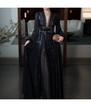 Elegant Black Long Dress Summer Spring New Fashion Design Women Runway High Street Lace V-Neck Sequined Spliced Party