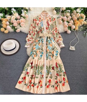 New European Vintage Chic Floral Print Sashes Slim waist Long Sleeve Dress Women Long Dresses Clothing