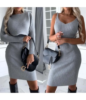 Dropshipping Shopfy 2 Pcs Fashion Set Solid Color Midi Dress Set Women's Long Sleeve Top Suspended Dress Knitwear Sweater Suit