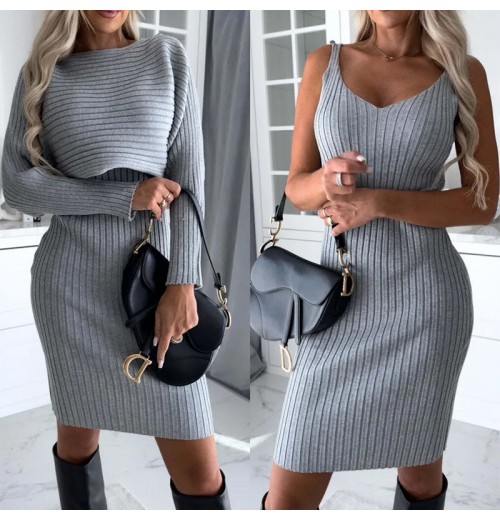 Dropshipping Shopfy 2 Pcs Fashion Set Solid Color Midi Dress Set Women's Long Sleeve Top Suspended Dress Knitwear Sweater Suit