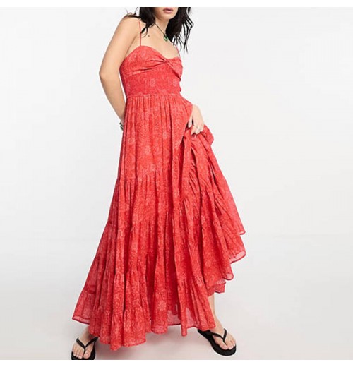 Hot Selling Women's Sweetheart Neck Sleeveless Floral Print Strap Tiered Red Max Long Dress Casual