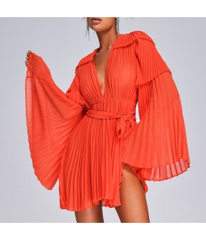 BEISHI Women Long Sleeve Orange Loose Mini Pleated Chiffon Casual Dress Women Clothing