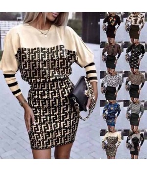 women's clothing fall 2023 elegant Fashionable graphic print waist cinching round neck long sleeve midi dress