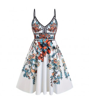 Dresses Women Summer Vacation Floral Leaf Print Knit Dress Flared A-line Backless Sleeveless Halter Mini Dresses women Casual