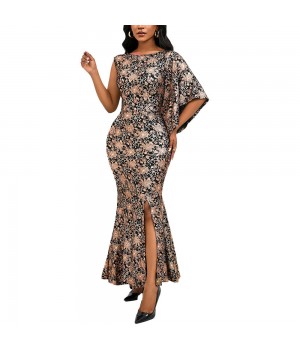 High Quality Women's Straight Silhouette Maxi Dress Elegant Casual One Shoulder Lace Glitter Print Formal Party Dress Plus Size