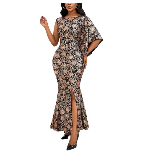 High Quality Women's Straight Silhouette Maxi Dress Elegant Casual One Shoulder Lace Glitter Print Formal Party Dress Plus Size