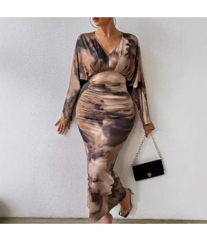 V-neck Pleated Bodycon Dress Women Sexy Slim Fit Long Sleeve Long Party Dresses for Women Wrap Guangzhou Female Dress