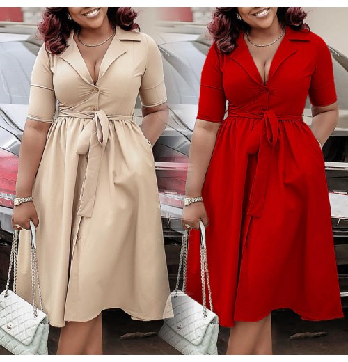 women's clothing Women Lady Temperament Elegan Dresses Fashion Suit Collar Short Sleeve Solid Color Waist Swing Casual Dress