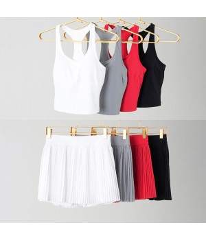 ST0901&0902 Women round-neck Sleeveless Removable Pads Top High Waisted Golf Mini Skirt with Pockets Workout Skirt sets