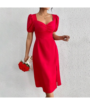 Red Women's Clothing 2025 Spring Summer Puff Sleeve Square Collar Woman Dress Sexy Slit Evening Party Dresses For Women