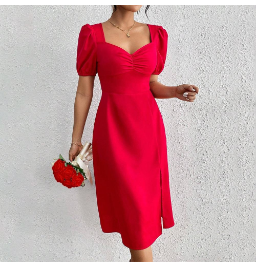 Red Women's Clothing 2025 Spring Summer Puff Sleeve Square Collar Woman Dress Sexy Slit Evening Party Dresses For Women