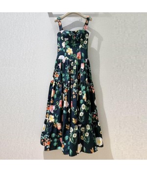 100%Cotton Dress 2025 Spring Summer Designer Fashion Women Spaghetti Strap Vintage Floral Print Midi Party Elegant Dress Luxury